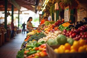 un comprador explorador un bullicioso agricultores mercado, rodeado por Fresco Produce y local artesanal bienes. generativo ai foto