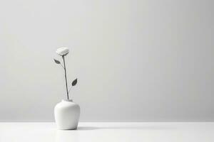 A monochromatic photograph of a single flower in a minimalist vase against a plain background. Generative AI photo