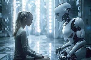 Photo of a person interacting with a humanoid robot in a futuristic setting.