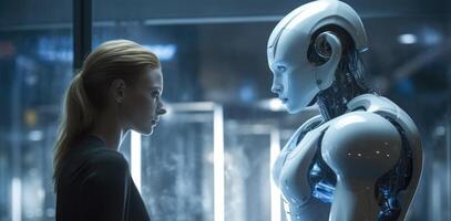 Photo of a person interacting with a humanoid robot in a futuristic setting.