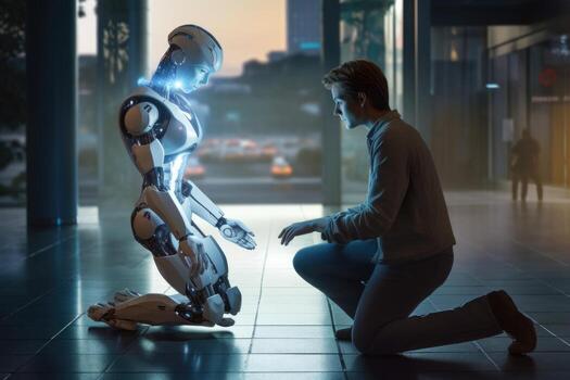 Photo of a person interacting with a humanoid robot in a futuristic setting.