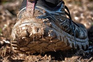 Close - up photo of a trail runner's worn - out trail running shoes covered in mud and dirt.