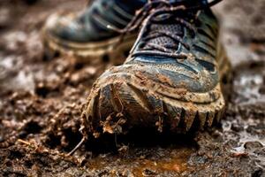 Close - up photo of a trail runner's worn - out trail running shoes covered in mud and dirt. Generative AI