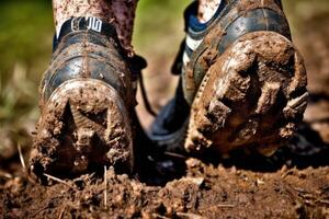 Close - up photo of a trail runner's worn - out trail running shoes covered in mud and dirt.