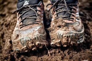 Close - up photo of a trail runner's worn - out trail running shoes covered in mud and dirt. Generative AI