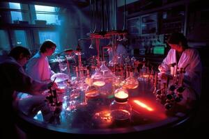 Team of scientists conducting experiments in a chemistry lab. photo