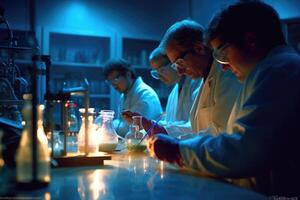 Team of scientists conducting experiments in a chemistry lab. photo