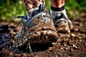 Close - up photo of a trail runner's worn - out trail running shoes covered in mud and dirt. Generative AI