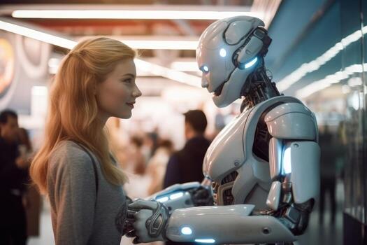 Photo of a person interacting with a humanoid robot in a futuristic setting.