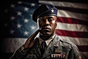 American soldier in uniform standing tall and saluting, with the American flag in the background. photo