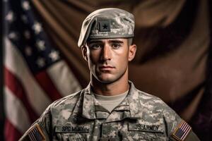 American soldier in uniform standing tall and saluting, with the American flag in the background. photo