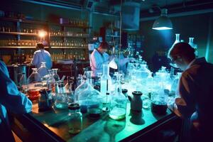 Team of scientists conducting experiments in a chemistry lab. photo