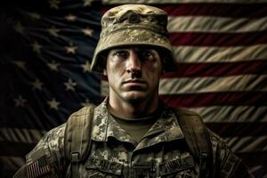American soldier in uniform standing tall and saluting, with the American flag in the background. Generative AI photo