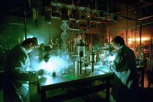 Team of scientists conducting experiments in a chemistry lab. photo