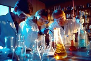 Team of scientists conducting experiments in a chemistry lab. photo