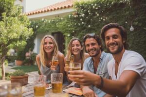 Group of friends enjoying a sunny day by the pool in the villa's garden, clinking their beers together in celebration. Generative AI photo