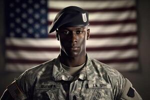 American soldier in uniform standing tall and saluting, with the American flag in the background. photo
