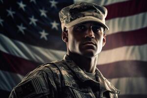 American soldier in uniform standing tall and saluting, with the American flag in the background. photo