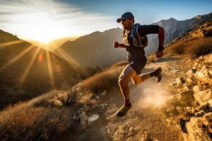 A dynamic shot of a trail runner in action, running downhill on a rugged mountain trail. photo