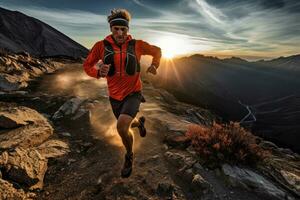 A dynamic shot of a trail runner in action, running downhill on a rugged mountain trail. Generative AI photo