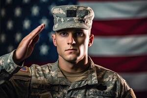 American soldier in uniform standing tall and saluting, with the American flag in the background. photo