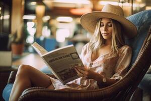 Photo of a woman reclining comfortably in her seat, reading a travel magazine, and wearing a hat. Generative AI