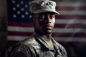 American soldier in uniform standing tall and saluting, with the American flag in the background. photo