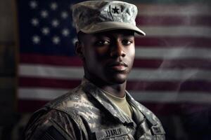 American soldier in uniform standing tall and saluting, with the American flag in the background. Generative AI photo