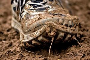 Close - up photo of a trail runner's worn - out trail running shoes covered in mud and dirt.