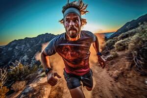 A dynamic shot of a trail runner in action, running downhill on a rugged mountain trail. photo
