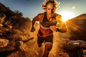 A dynamic shot of a trail runner in action, running downhill on a rugged mountain trail. Generative AI photo