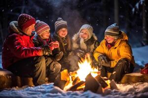 un foto de un familia reunido alrededor un chicharrón hoguera en el nieve, asado Malvaviscos y disfrutando caliente cacao. generativo ai