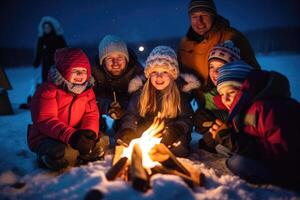 A photo of a family gathered around a crackling bonfire in the snow, roasting marshmallows and enjoying hot cocoa.