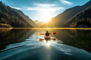 un foto de un kayakista remar mediante un sereno montaña lago. generativo ai