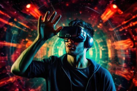 A photo of a person experiencing a virtual reality VR simulation.