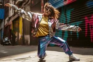 A photo of a person wearing a metallic silver jumpsuit with neon accents, reminiscent of the iconic 80's fashion. Generative AI