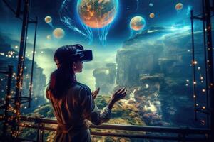 A photo of a person experiencing a virtual reality VR simulation. Generative AI