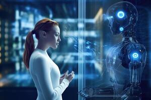 A photo of a person interacting with a virtual assistant powered by natural language processing and machine learning algorithms.