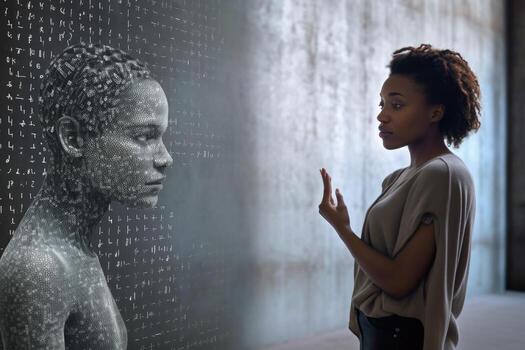 A photo of a person interacting with a virtual assistant powered by natural language processing and machine learning algorithms.