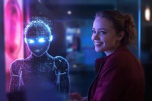 A photo of a person interacting with a virtual assistant powered by natural language processing and machine learning algorithms.