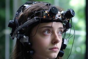 A photo of a person wearing an advanced wearable device that enhances their cognitive abilities, such as memory augmentation or real - time language translation.