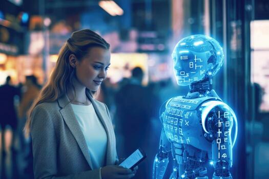 A photo of a person interacting with a virtual assistant powered by natural language processing and machine learning algorithms.