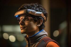 A photo of a person wearing an advanced wearable device that enhances their cognitive abilities, such as memory augmentation or real - time language translation.