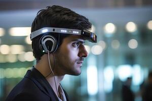 A photo of a person wearing an advanced wearable device that enhances their cognitive abilities, such as memory augmentation or real - time language translation.
