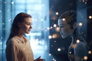 A photo of a person interacting with a virtual assistant powered by natural language processing and machine learning algorithms. Generative AI