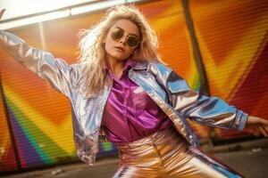 A photo of a person wearing a metallic silver jumpsuit with neon accents, reminiscent of the iconic 80's fashion. Generative AI