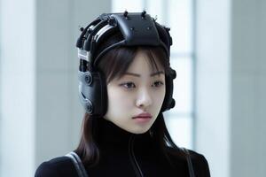 A photo of a person wearing an advanced wearable device that enhances their cognitive abilities, such as memory augmentation or real - time language translation.