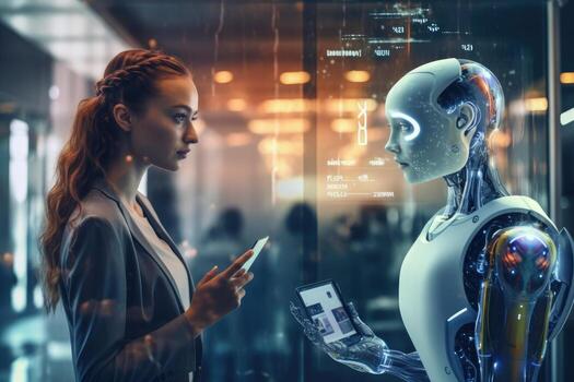 A photo of a person interacting with a virtual assistant powered by natural language processing and machine learning algorithms.