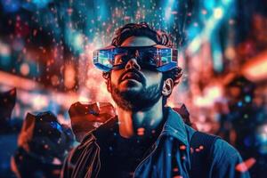 A photo of a person experiencing a virtual reality VR simulation.