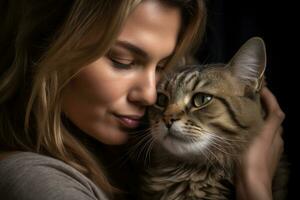 A photo of a woman sitting peacefully, cradling her cat in her arms, as she plants a gentle kiss on its head. Generative AI